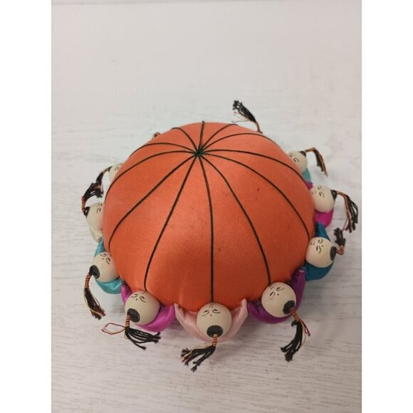 Vintage Asian Chinese Man Pin Cushion Orange Satin Sewing Colorful Fun Children - Picture 1 of 7